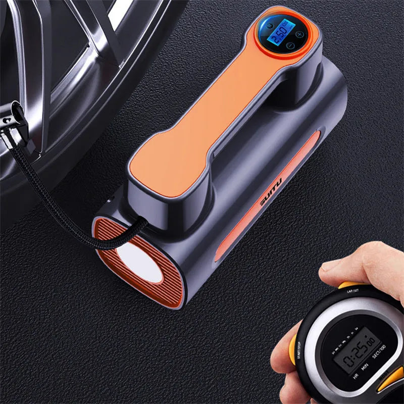 Cordless tyre inflator with digital display, ABS body, and USB charging port on a flat surface