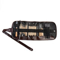 Brown roll package containing 27 pottery clay sculpting tools made of stainless steel, wood, and plastic.