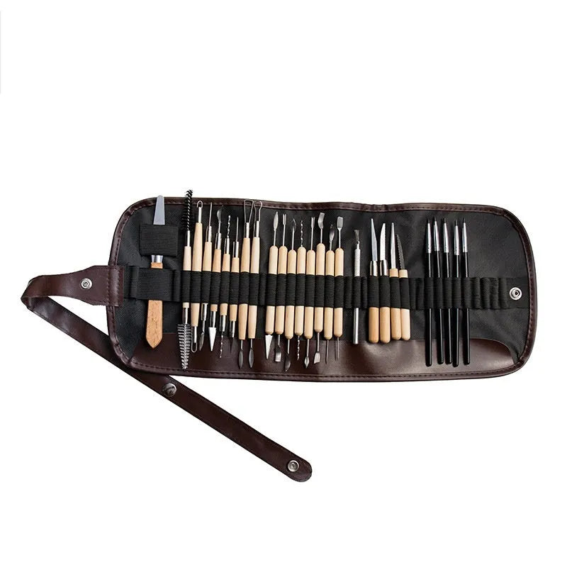 Brown roll package containing 27 pottery clay sculpting tools made of stainless steel, wood, and plastic.