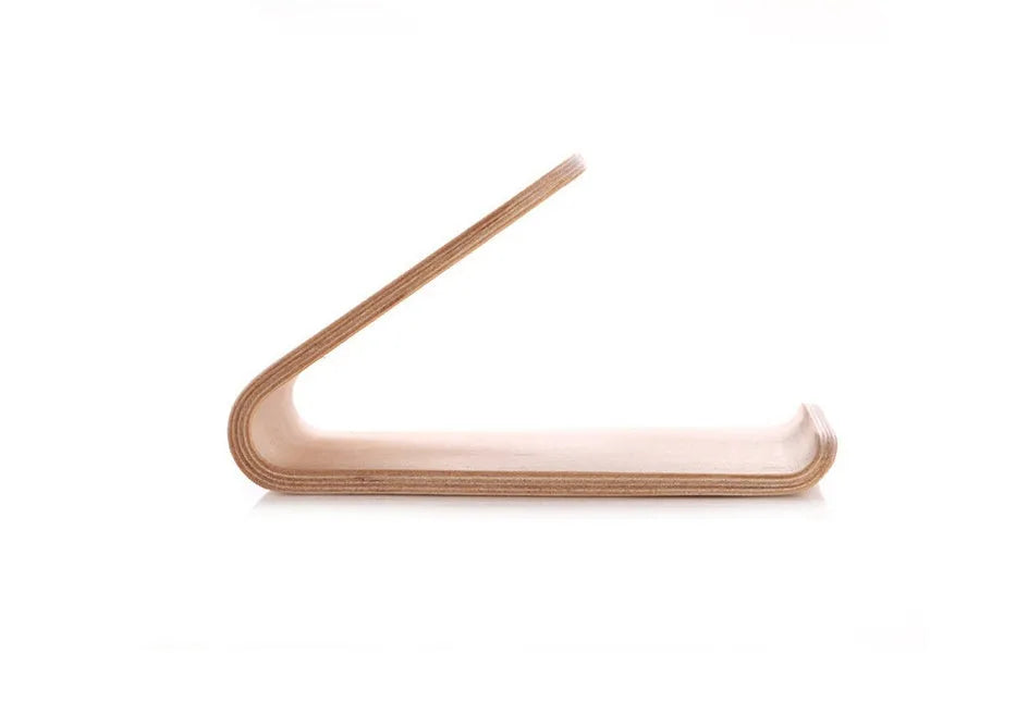 Wooden stand for iPhone in Walnut finish, placed on a desk, holding a phone for hands-free viewing