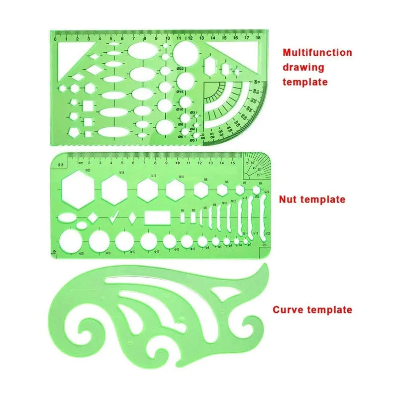 Clear green plastic geometric drawing templates set with eleven pieces and poly zipper envelope on white background
