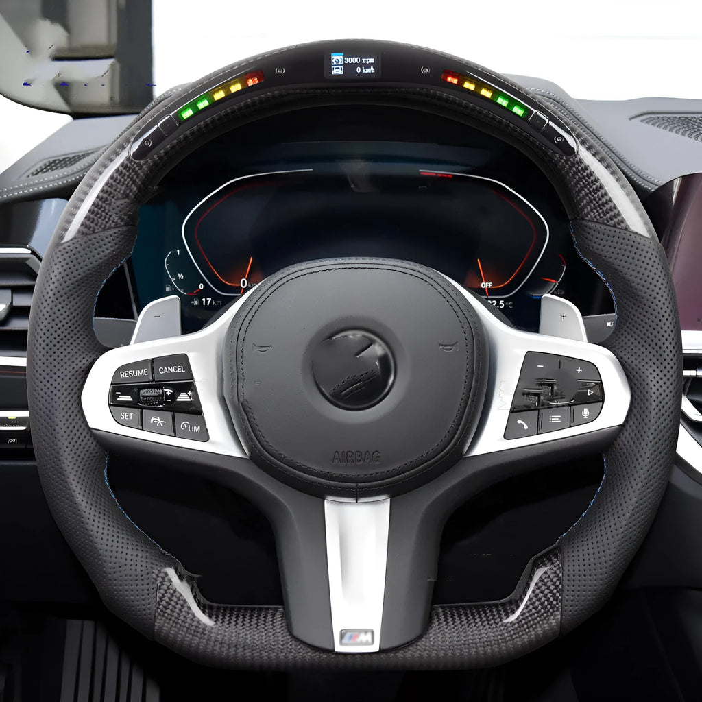 Black carbon fibre BMW steering wheel with LED lights and heating controls