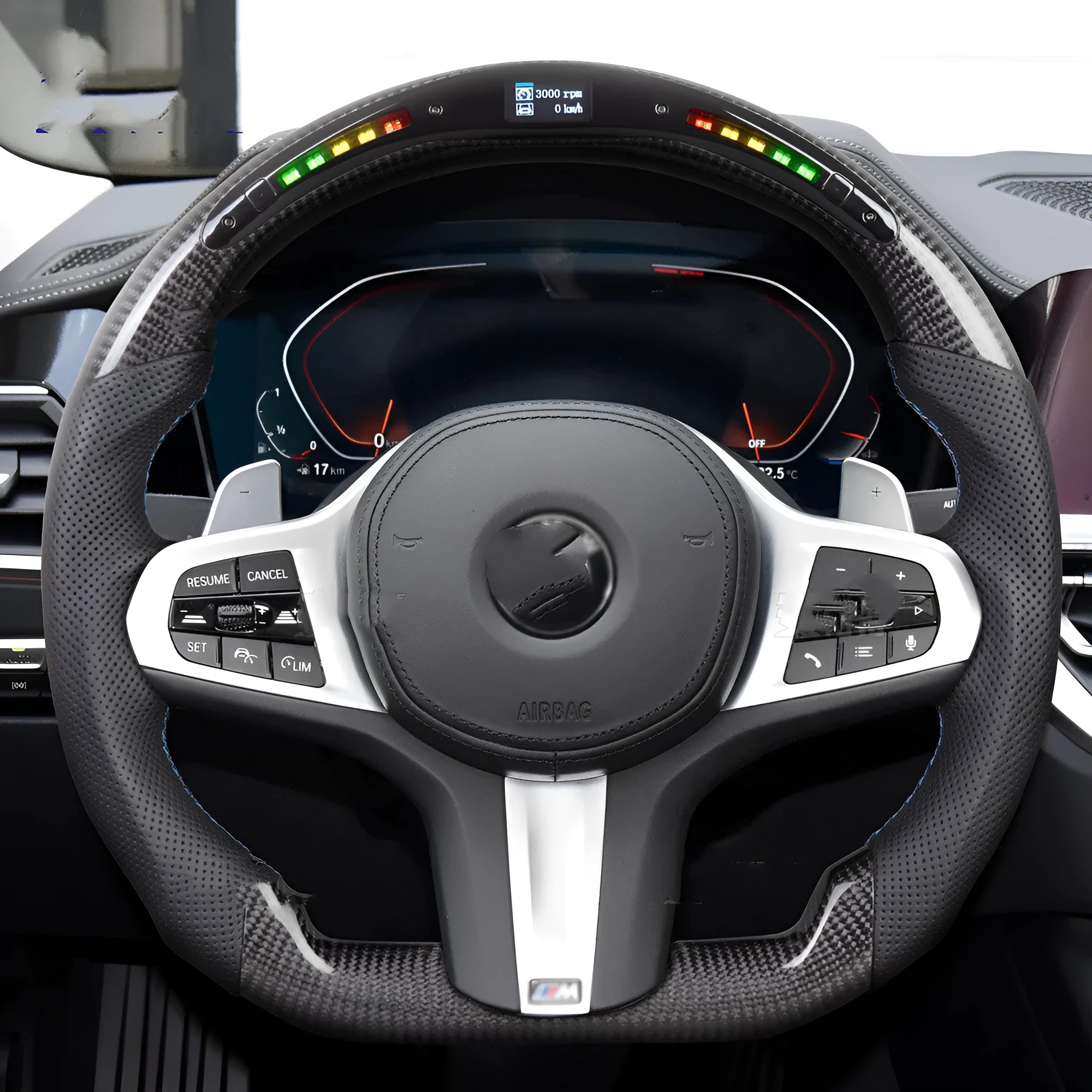 Black carbon fibre BMW steering wheel with LED lights and heating controls