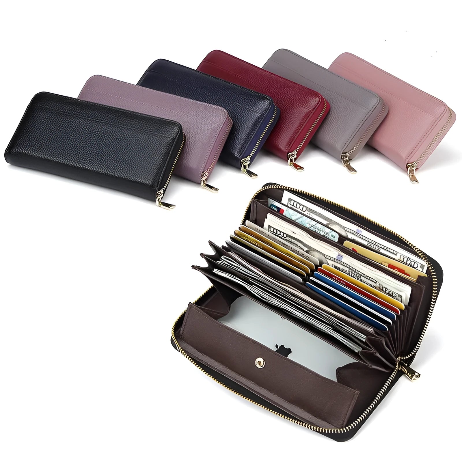 Long genuine leather women's wallet in a choice of solid colours, showing large capacity and anti-theft card swiping function.