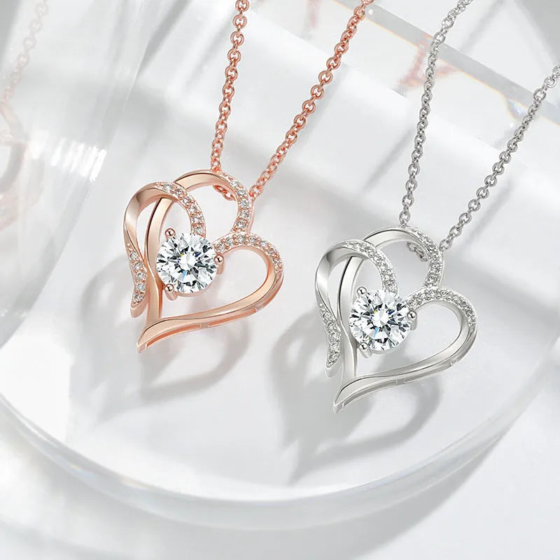 925 silver heart-shaped necklace in platinum, gold and rose gold colours with diamond treatment