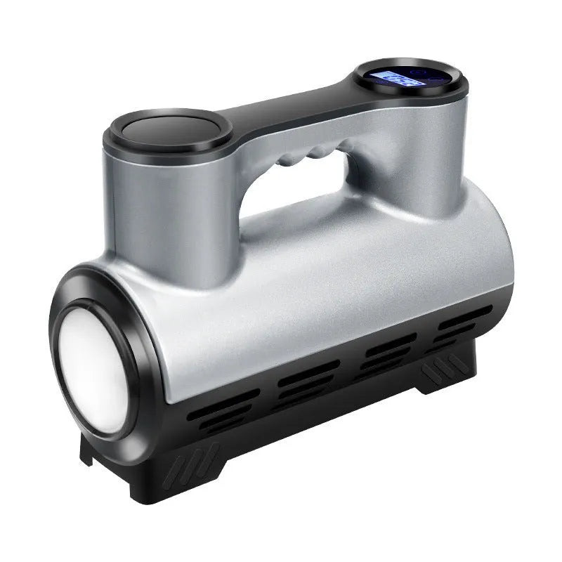 12V portable car inflatable air pump with digital display, ABS casing, LED light, and three air nozzles on a grey background