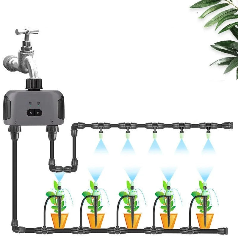 Bluetooth dual watering controller with timer and WiFi gateway for garden irrigation, compact weatherproof design