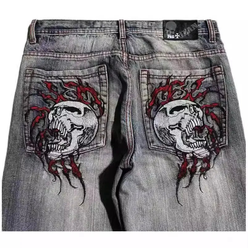 Men's grey washed-out wide-leg jeans with straight cut and American retro styling