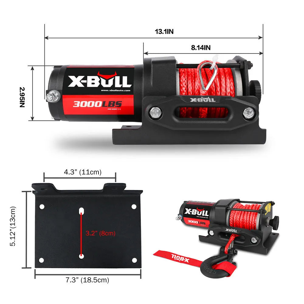 Black electric winch with nylon rope and mounting plate for off-road vehicle recovery