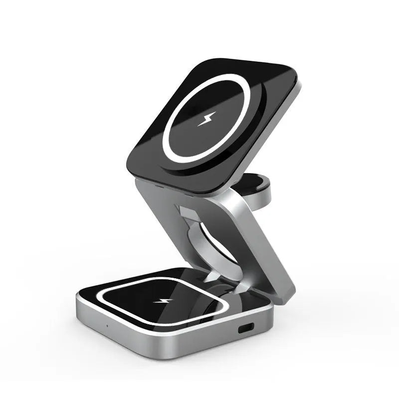 Three-in-one foldable desktop wireless charging bracket for Apple, Samsung, and Google Pixel Watch with magnetic induction ring
