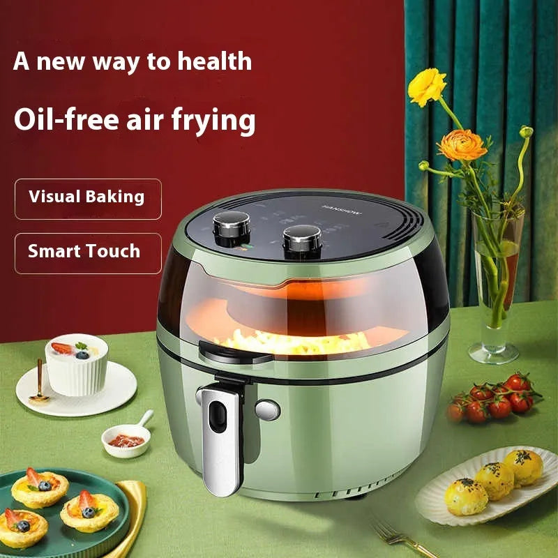 8-litre mechanical button air fryer oven with clear viewing window on countertop.