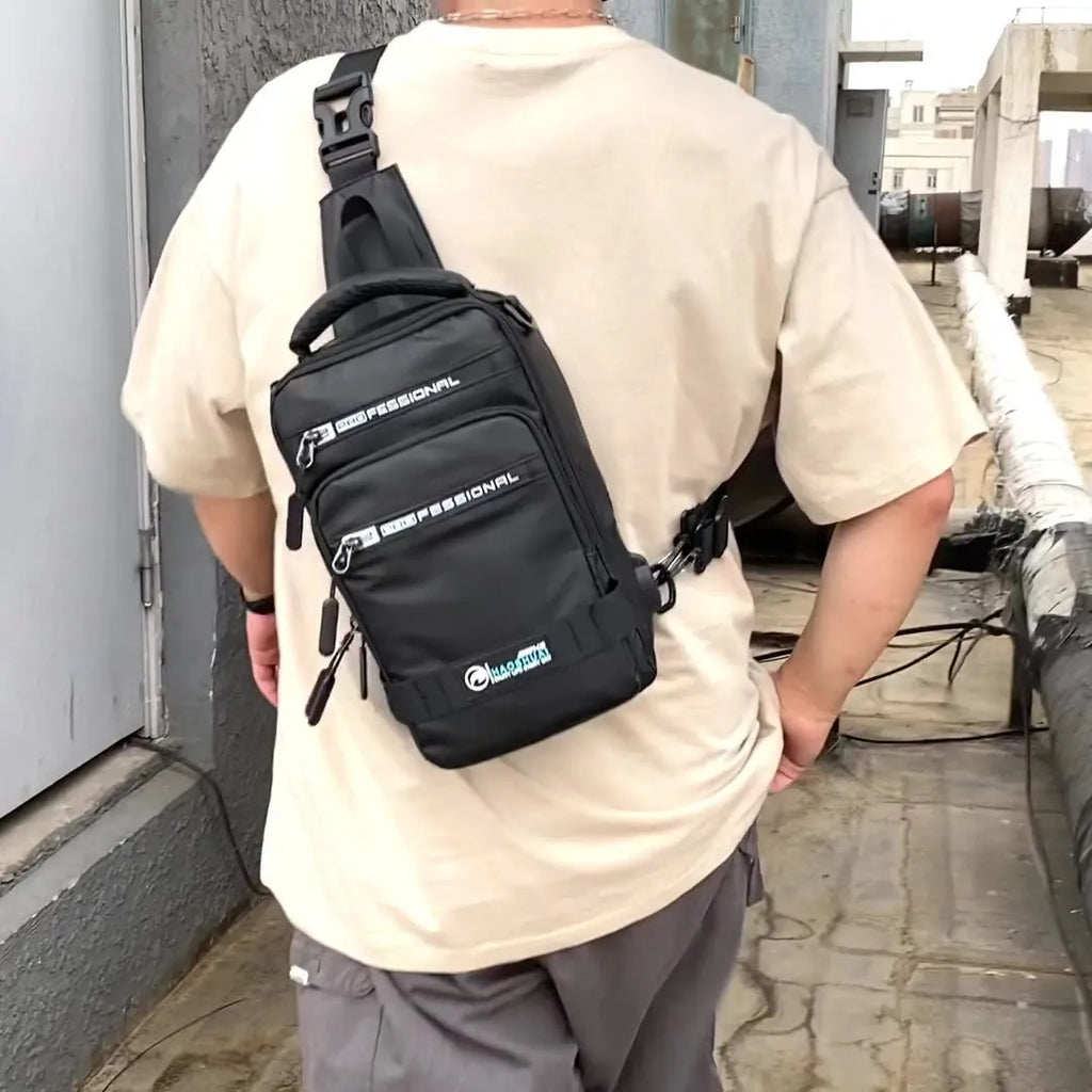 Multifunction nylon bag for men with USB charging port, medium square shape, in khaki colour