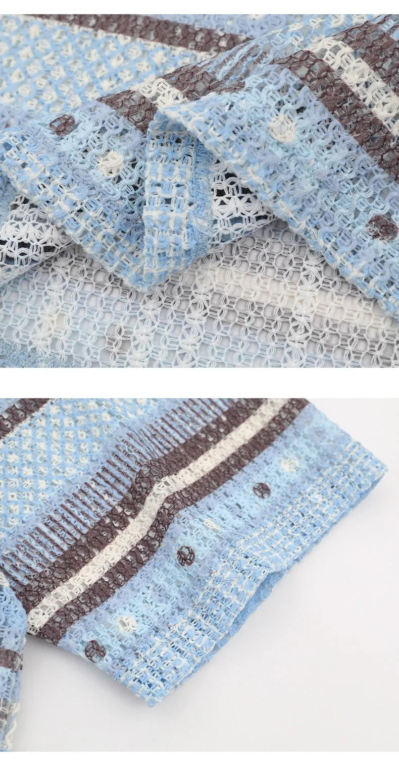 Men's blue printed short sleeve shirt with loose leisure fit