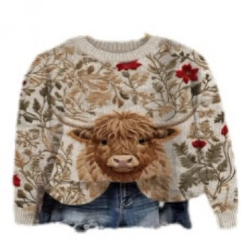 Women's digital printed floral pattern round neck sweater in polyester, shown in one of fourteen available colours.