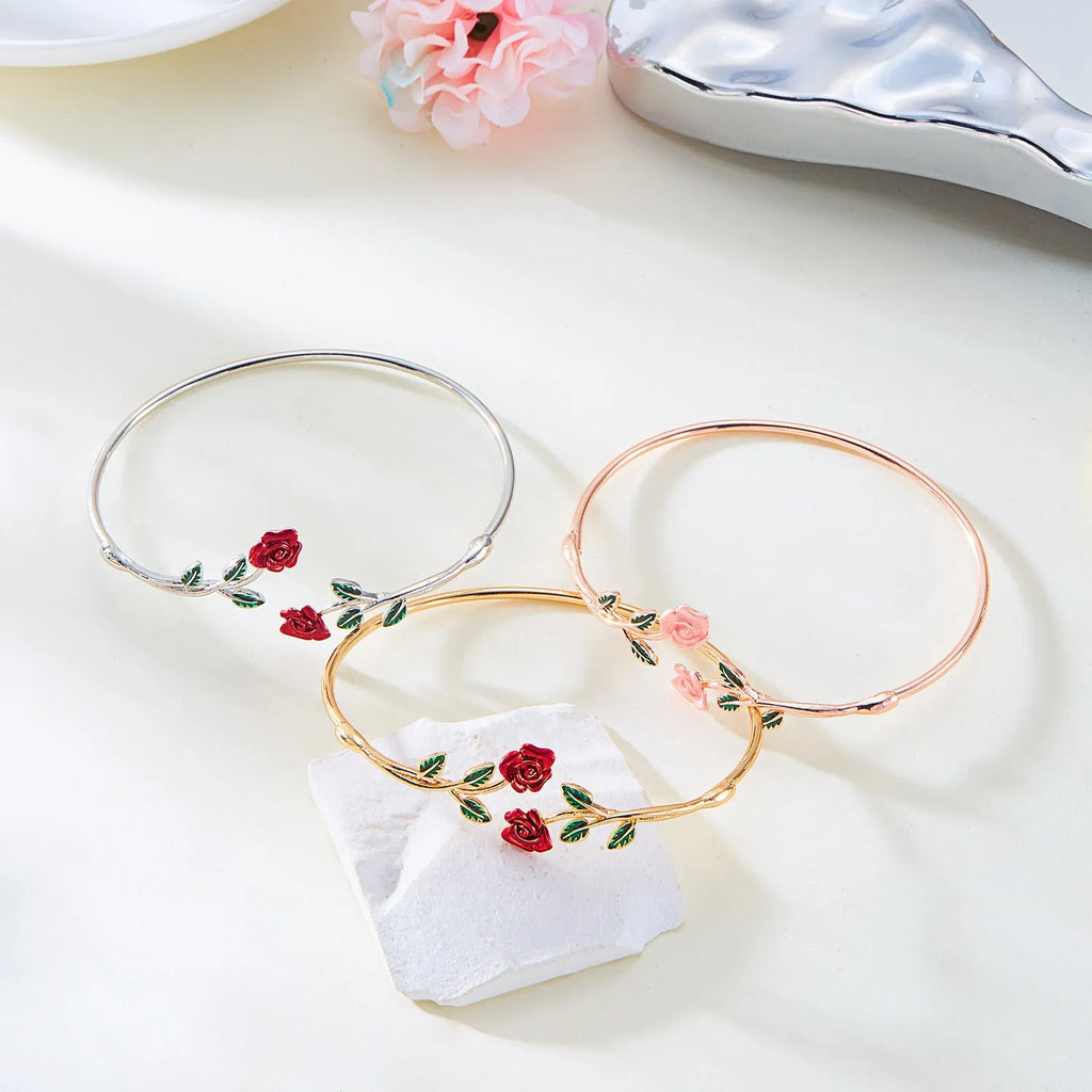 Rose open bracelet and ring set for women, electroplated copper, three colour options, European American style