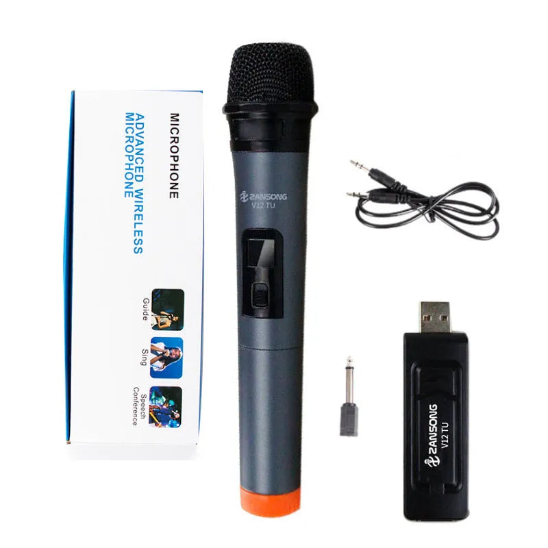 Black V12 dynamic wireless handheld microphone with USB receiver, audio cable and adapter