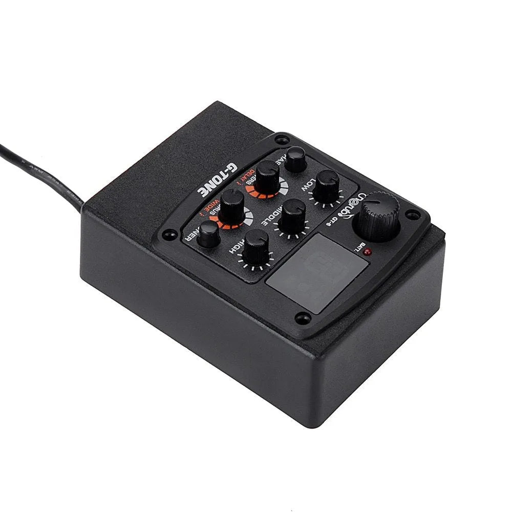 Black Cherub GT-6 acoustic guitar EQ equalizer and piezo pickup with control knobs for effects and tone.