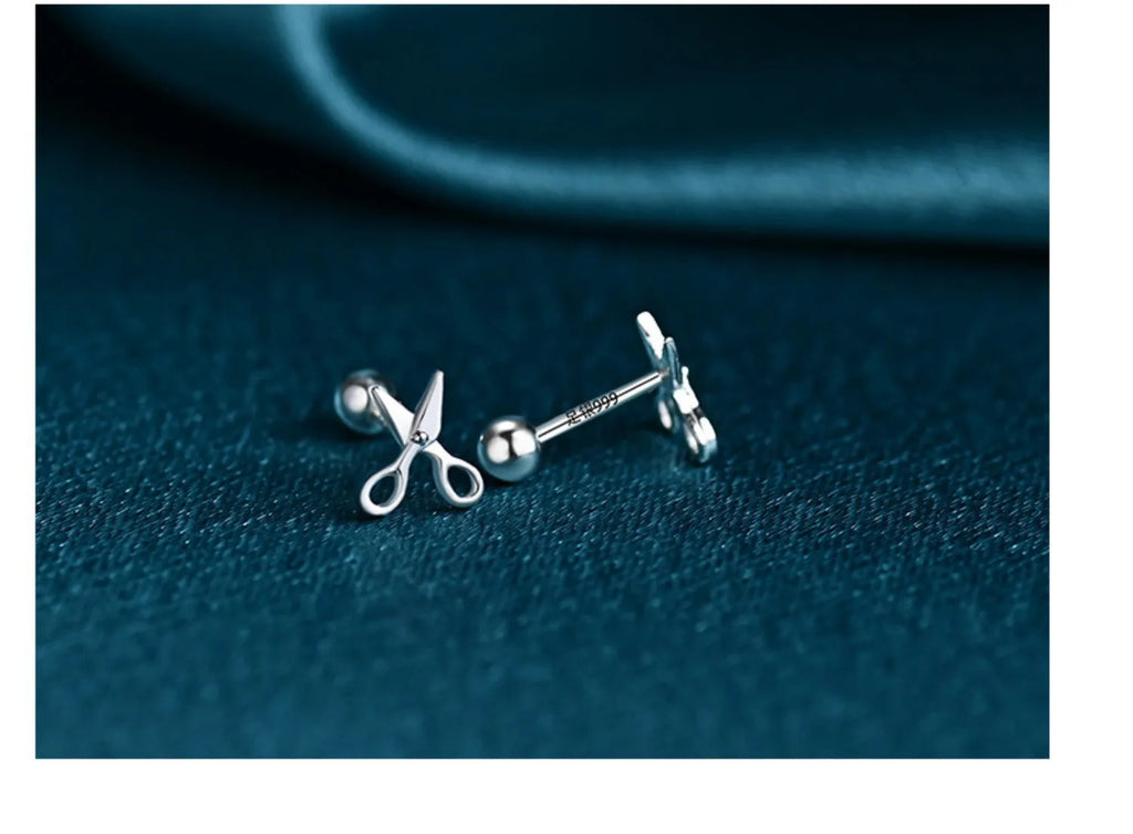 925 sterling silver screw ear nails for cartilage piercings with mini scissors design
