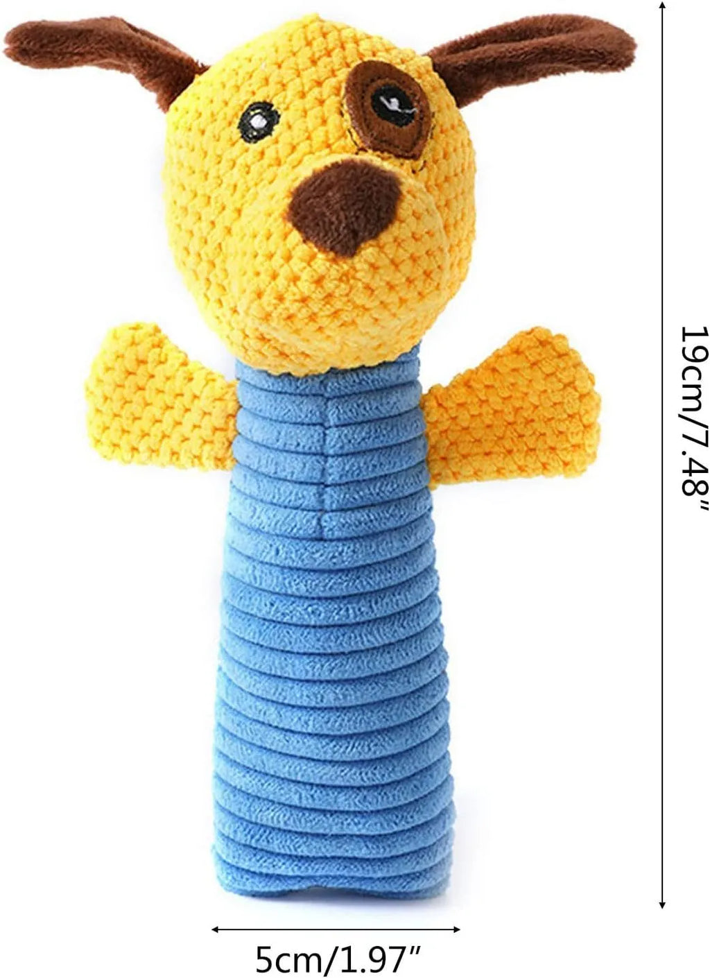 Dog squeaky plush chew toy in animal shape with massaging texture for dental care, 19cm length