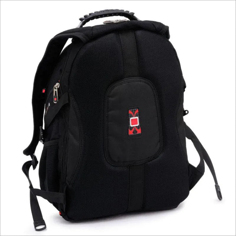 Black business backpack open to show three internal compartments and laptop sleeve