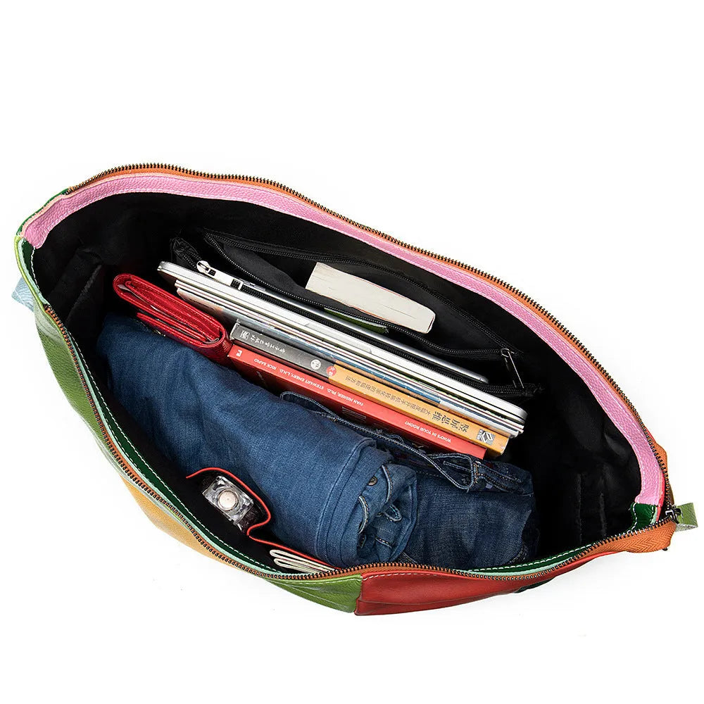 Cowhide leather crossbody shoulder travel bag showing 48cm dimensions with laptop compartment