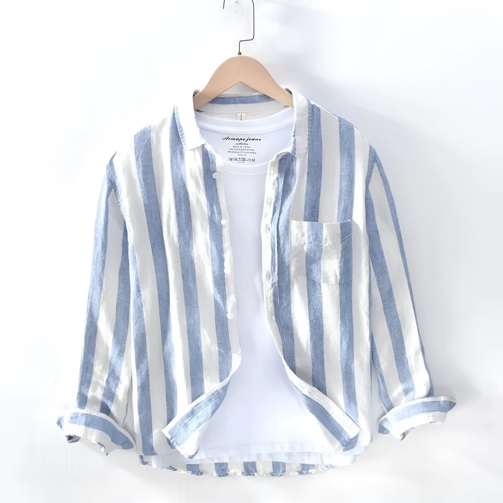 Men's long sleeve Hong Kong style casual shirt in light grey, showing loose fit and button front.