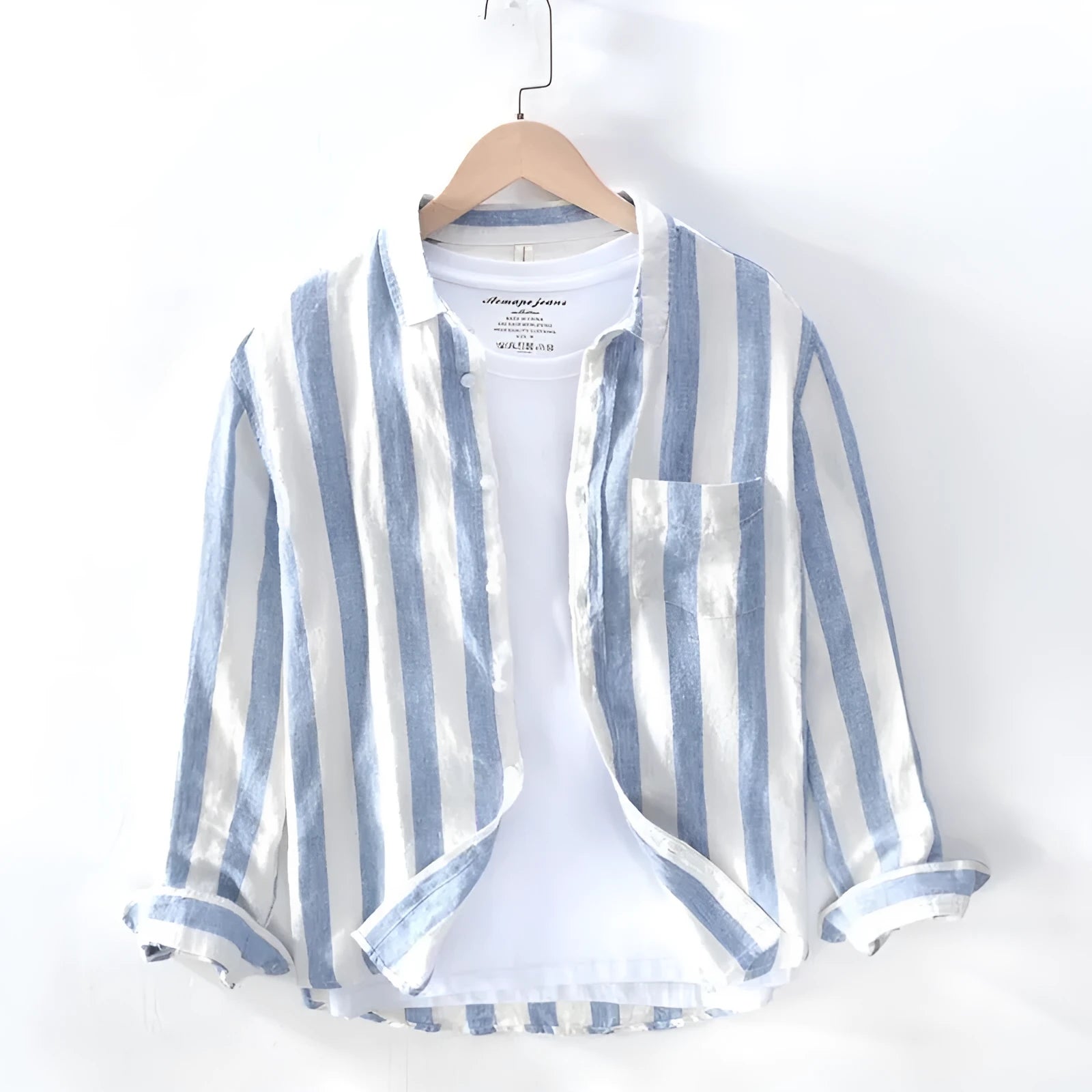 Men's long sleeve Hong Kong style casual shirt in light grey, showing loose fit and button front.