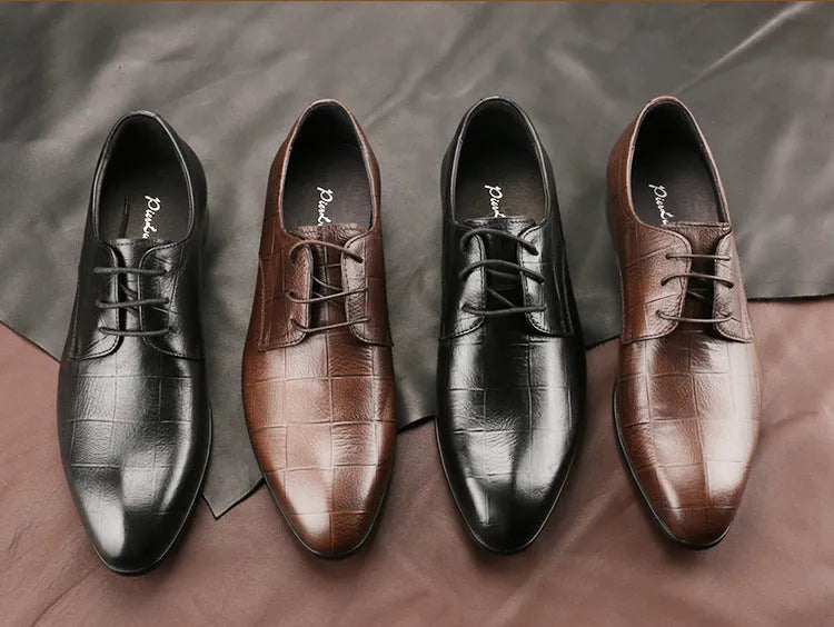 Men's black handmade derby leather shoes with pointed toe and rubber sole