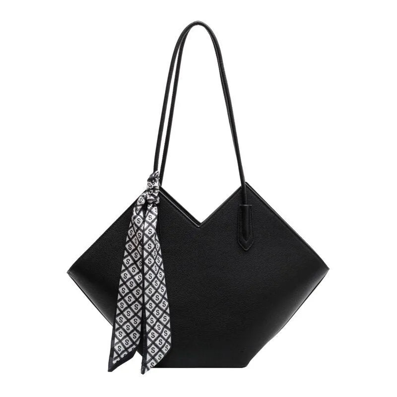 Women's large black PU shoulder bag with an outer pocket, shown in a horizontal square shape.