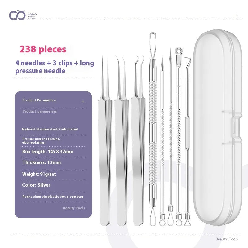 Four-piece stainless steel acne needle set with ultra-fine pointed tips and extraction clip on silver background