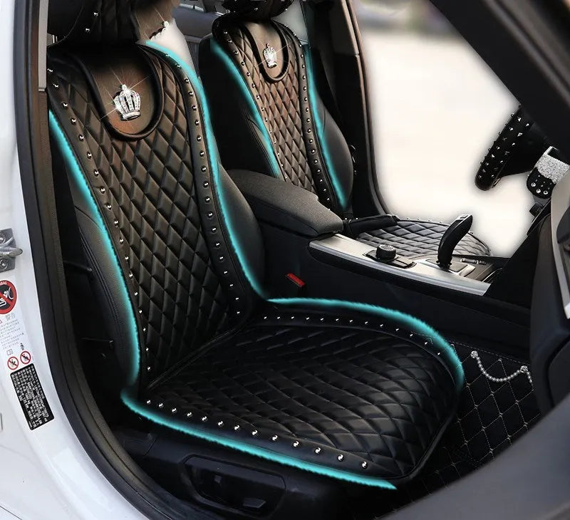 Black diamond leather car seat cushion with crown rivet rhinestone detailing from Ya Yue for five-seater automobiles