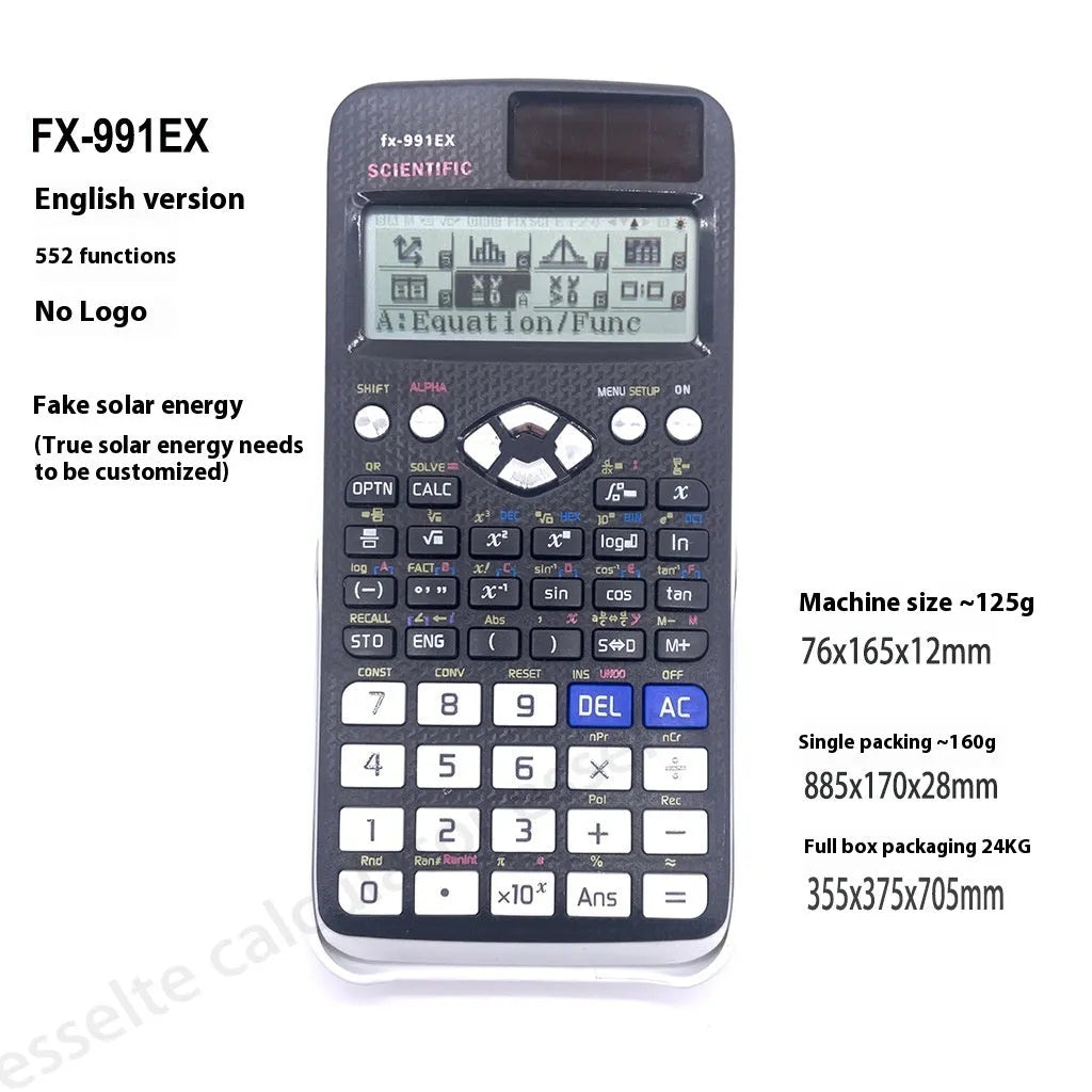 Casio fx-991EX scientific calculator in black, blue, or pink with solar panel and high-resolution LCD screen