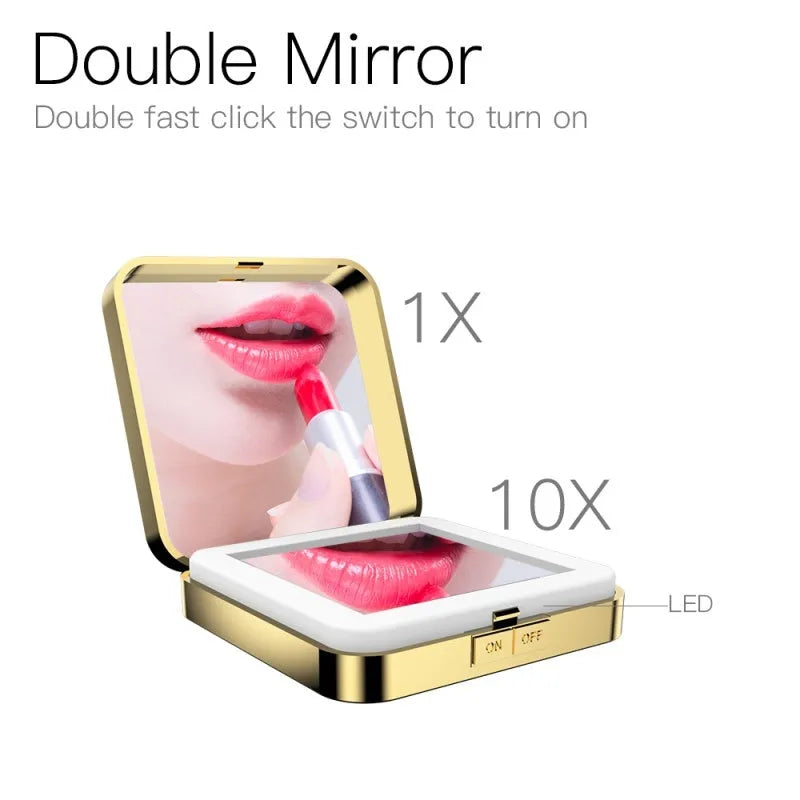 Dual-sided makeup mirror showing 4x magnification side and adjustable lighting controls in black finish