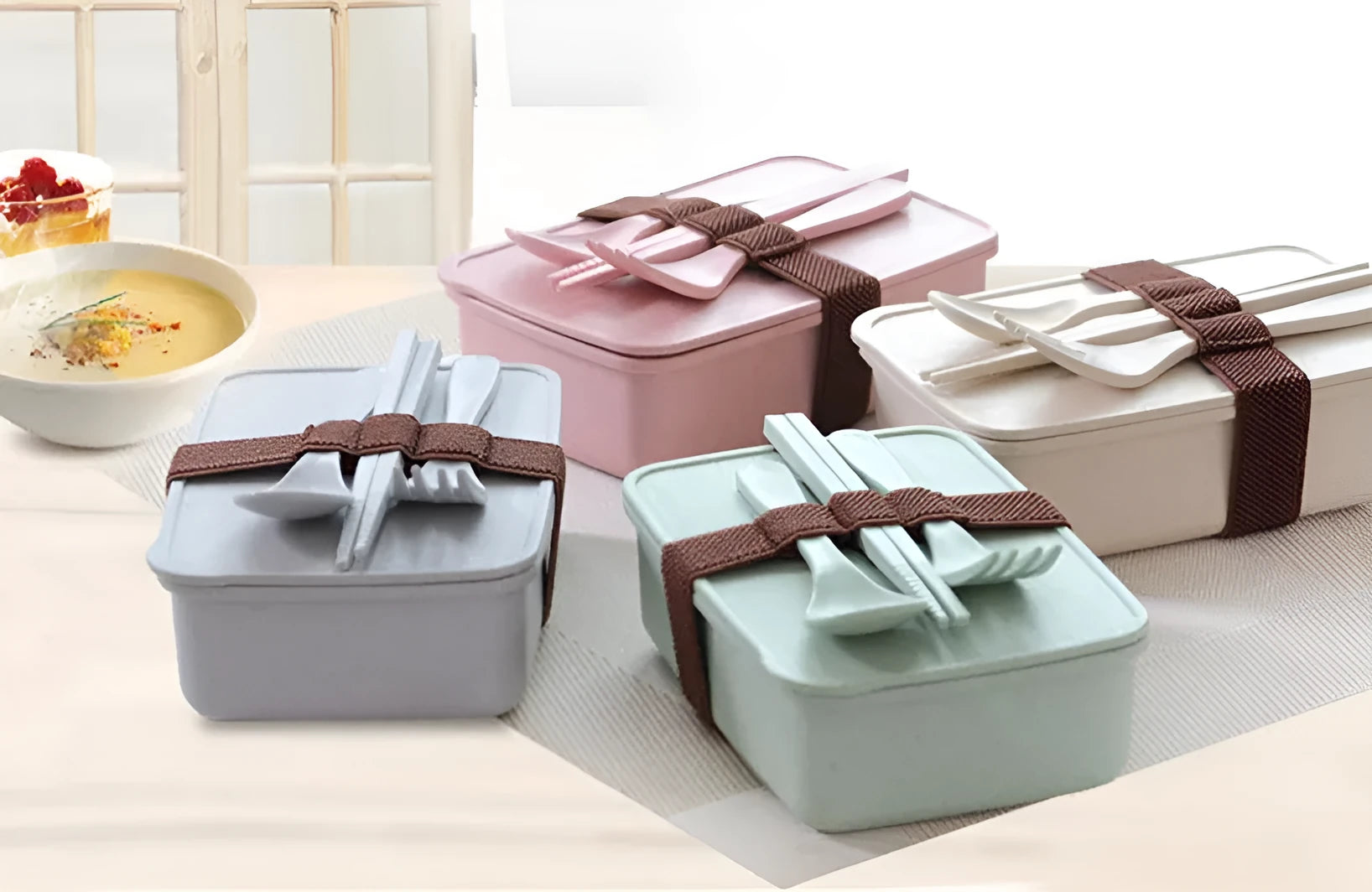 Bamboo fibre lunch box 600ml in beige with lid, compact size for microwave reheating