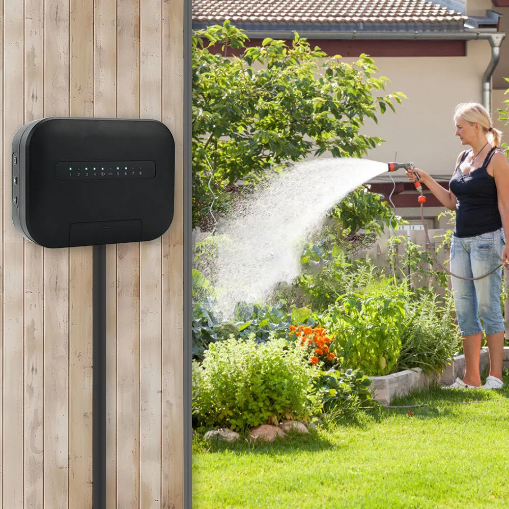 8-way smart water valve irrigation controller with wireless bridge and scheduled watering, available in black, gray, green, white