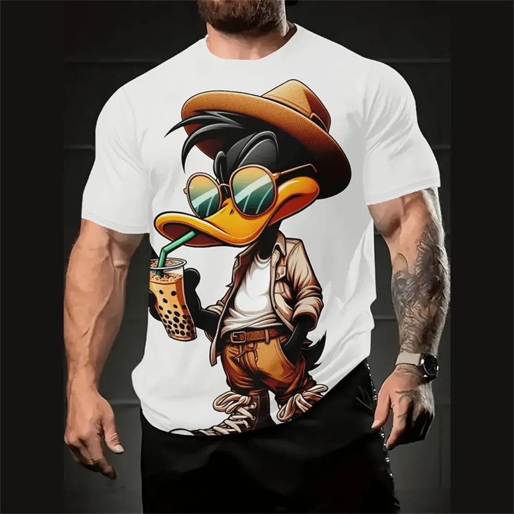 Men's loose fit casual T-shirt featuring a 3D printed cartoon pattern on the front.