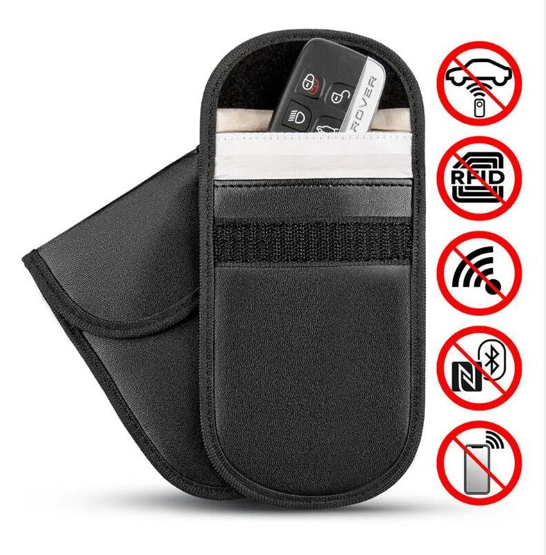 Black microfiber faraday bag for blocking car key and phone signals, measuring 13.5 by 9.5 centimetres.
