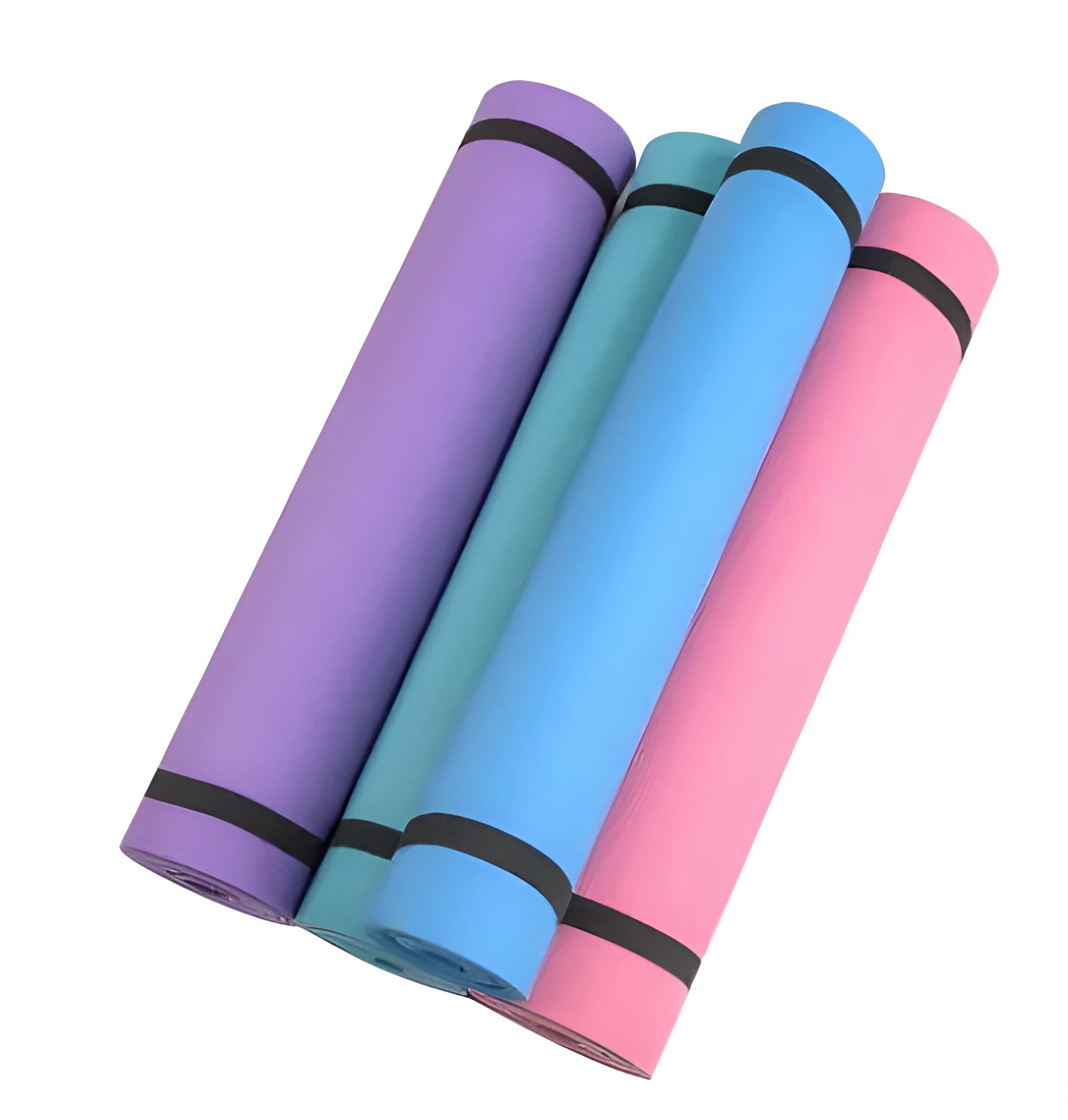 Red and blue EVA fitness yoga mats showing 4mm and 6mm thickness options for anti-slip exercise.