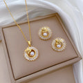 Titanium steel women's jewellery set showing geometric necklace with copper pendant and matching ear studs
