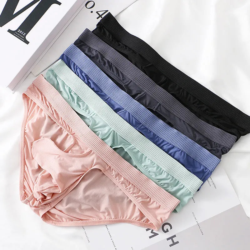 Men's low waist briefs underwear in Ice Silk fabric showing colour options: black, grey, light green, pink, purplish blue