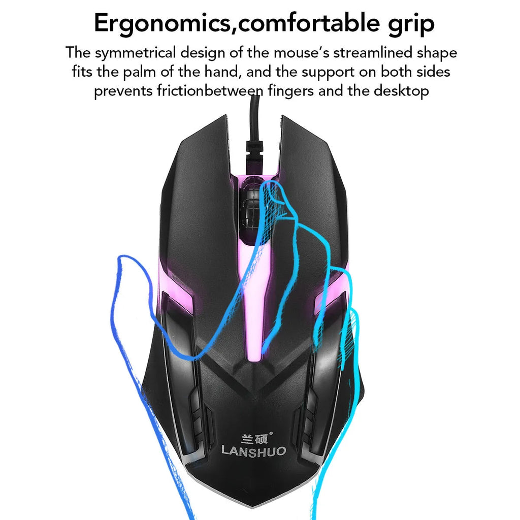 Black USB wired backlit keyboard and mouse set with multimedia keys on a desk