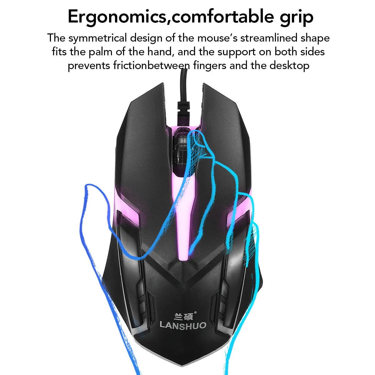 Black USB wired backlit keyboard and mouse set with multimedia keys on a desk