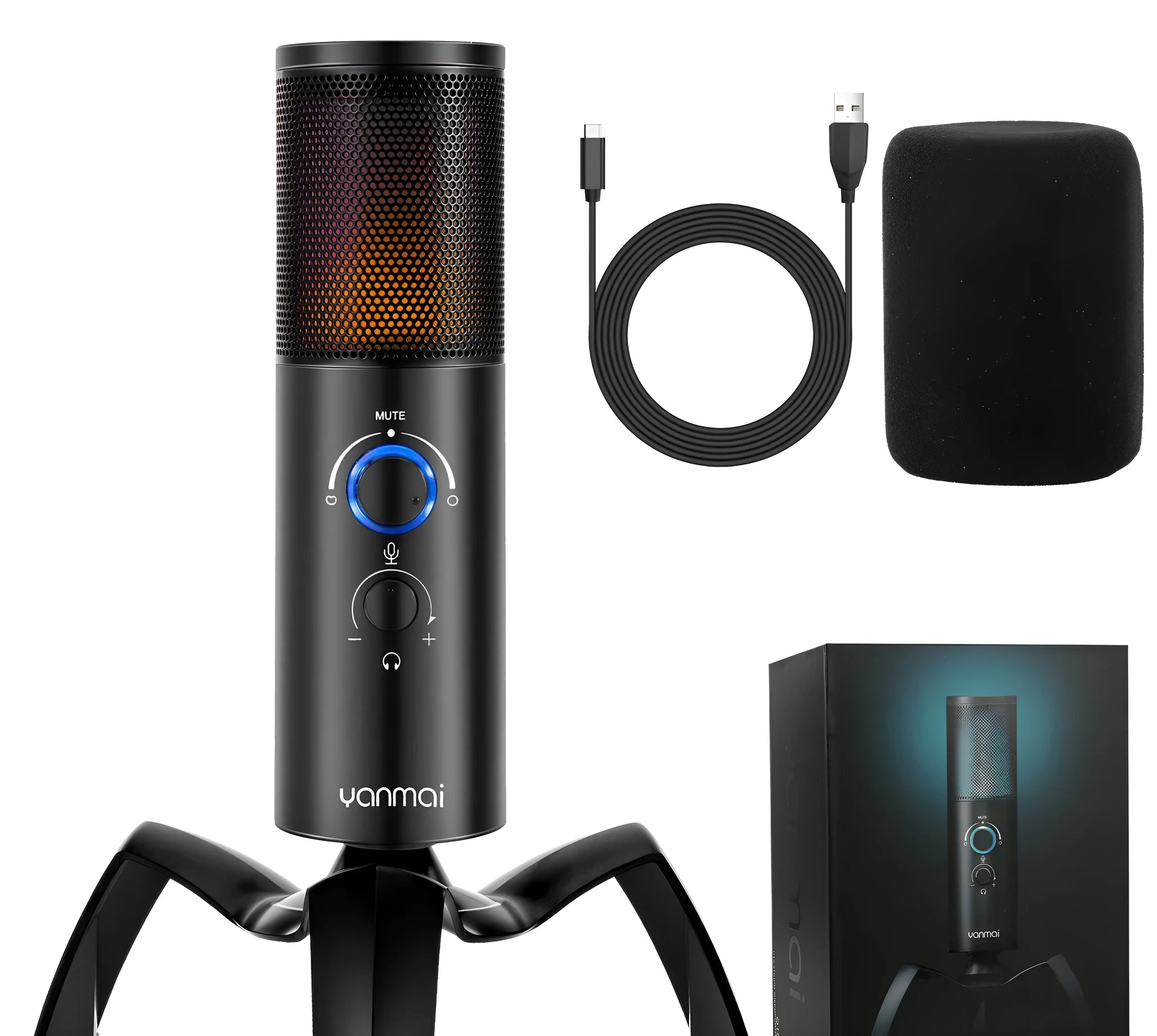 Black USB condenser microphone with RGB lighting on adjustable metal tripod