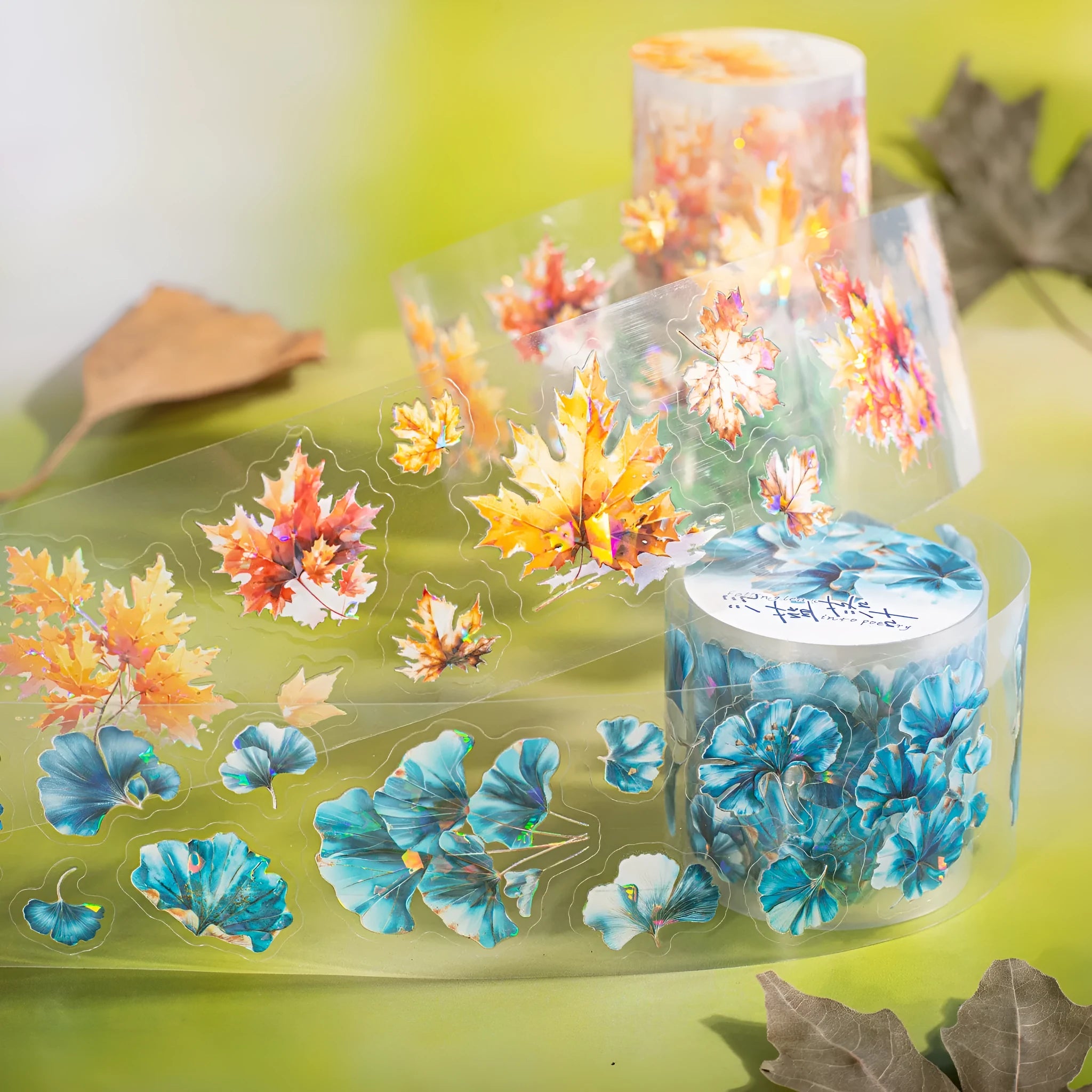 40mm wide decorative sticker roll with leaf patterns including ginkgo and maple designs