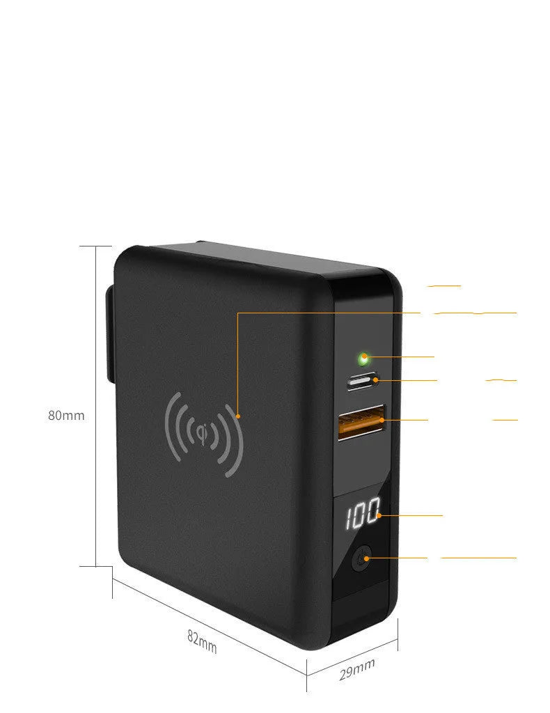 Black and white 10000mAh power bank with wireless charging surface and foldable plug