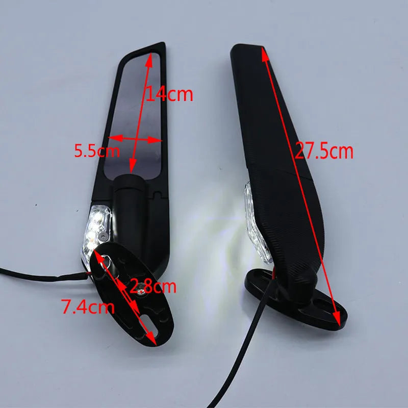Pair of yellow-reflector aluminium alloy motorcycle rearview mirrors with convex lenses.