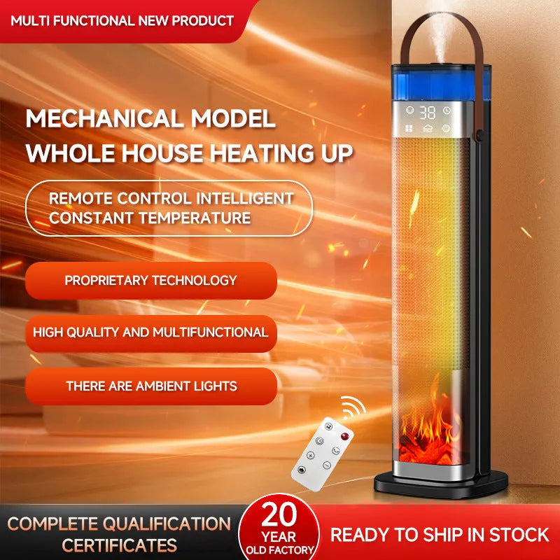 Tall, slim vertical heater in upgraded colour with remote control on a wooden floor.
