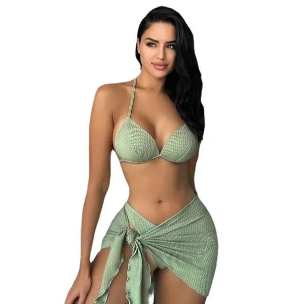 Women's black sexy Russian split three-piece swimsuit set with bikini top, panties, and skirt.