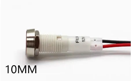 10mm diameter metal indicator light with stainless steel edge, shown in multiple colours.