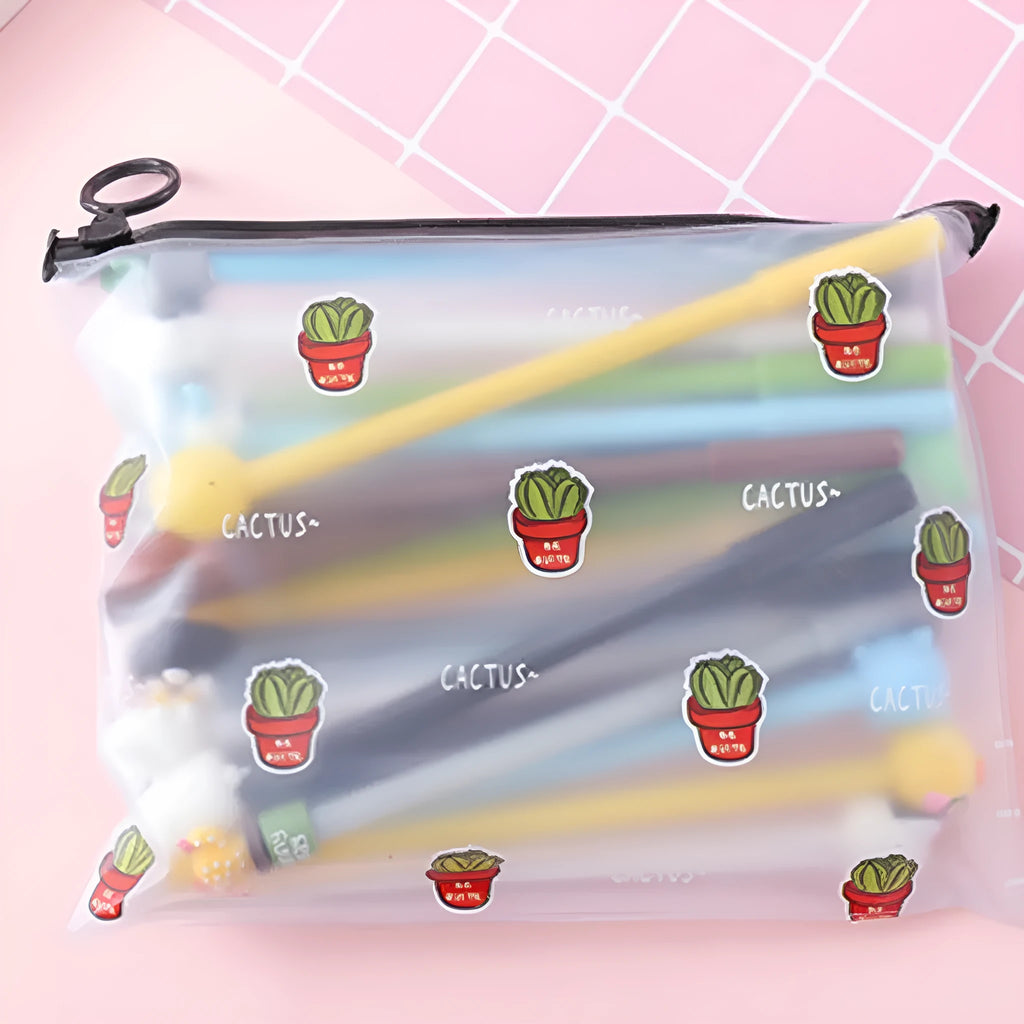 Marvel cartoon cactus design black 0.5mm ballpoint pen set with plastic storage case